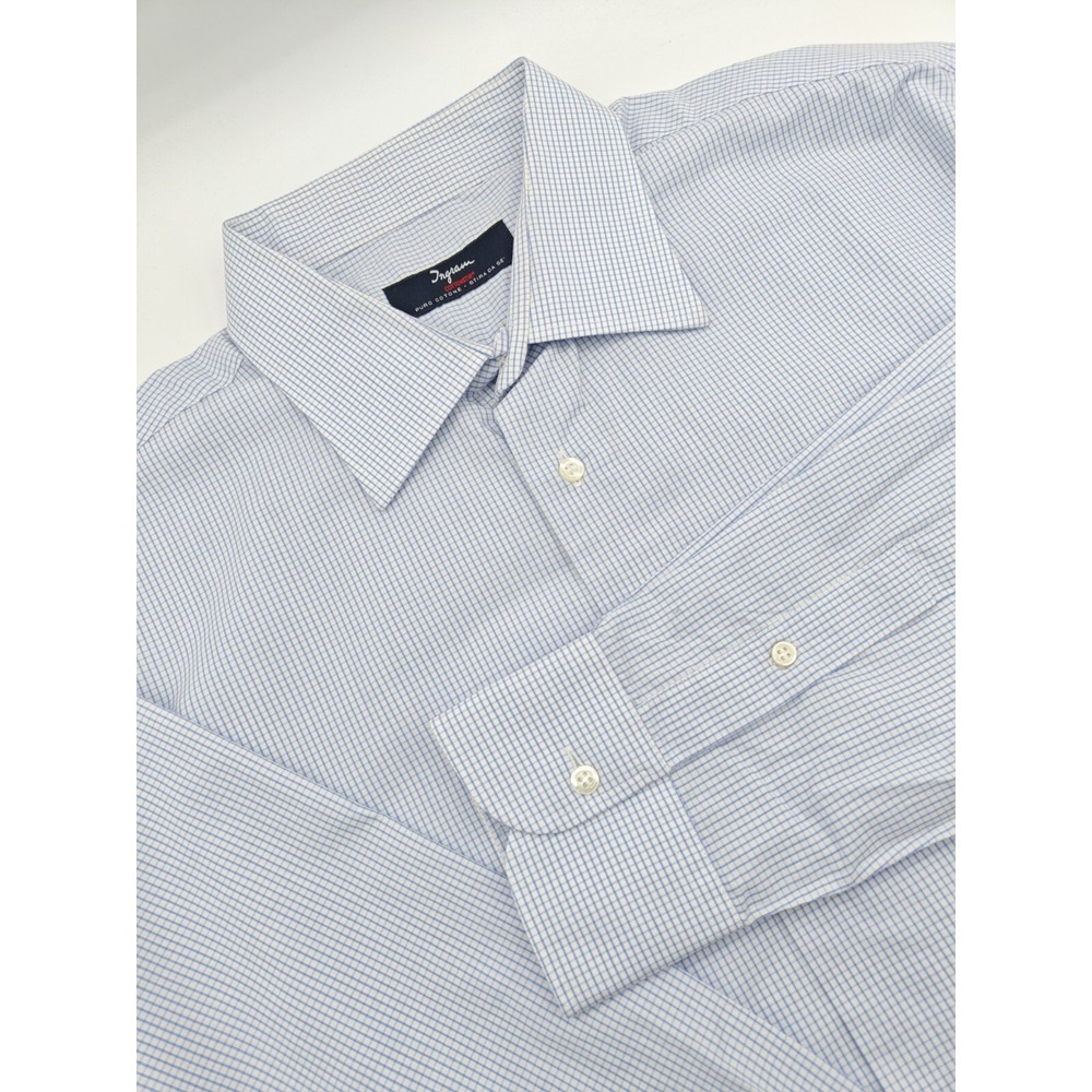 Ingram Mens 17.5 x 35 Blue Check 100% Cotton Dress Shirt Made in Italy